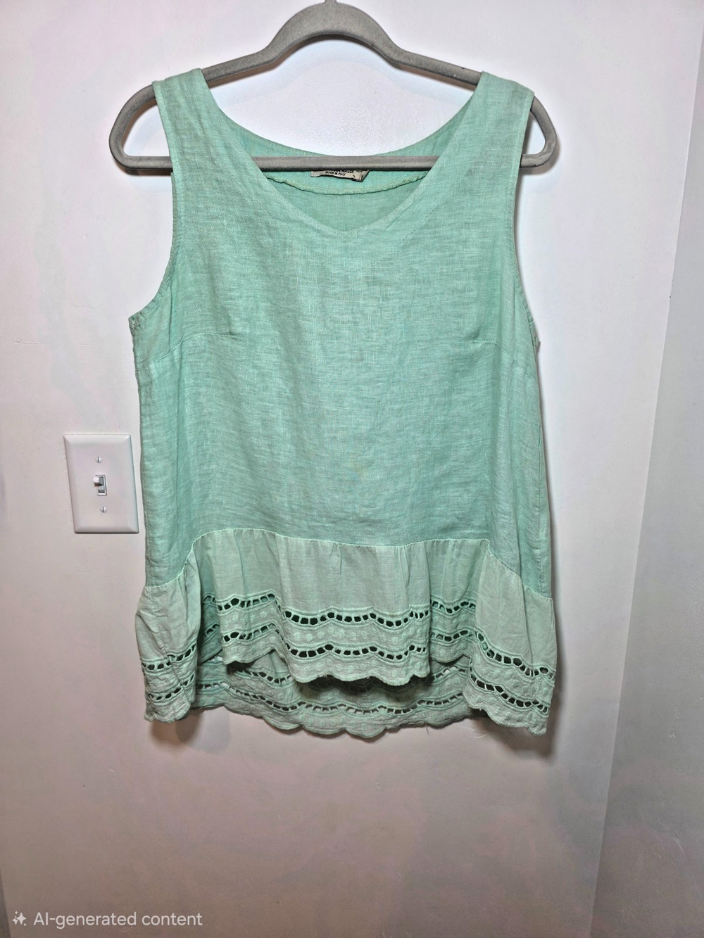 VALENTINA NALDI 100% Linen Eyelet Top Size L Mint Green Embroidery Ruffle ITALY
